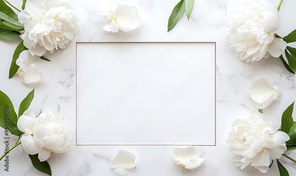 White Peonies and Petals Arranged Around a Blank Frame on a Marble Surface White Peonies and Petals Arranged Around a Blank Frame on a Marble Surface
