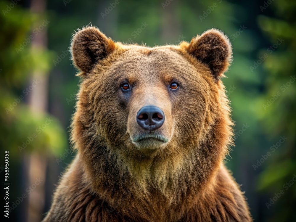 A majestic brown bear's expressive face, with a subtle smile and curious gaze, set against a blurred forest A majestic brown bear's expressive face, with a subtle smile and curious gaze, set against a blurred forest