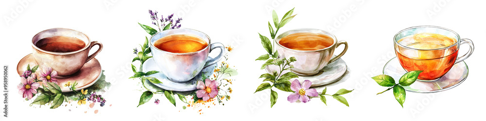 A charming collection of beautifully illustrated teacups with floral accents, perfect for adding warmth to any design. A charming collection of beautifully illustrated teacups with floral accents, perfect for adding warmth to any design.
