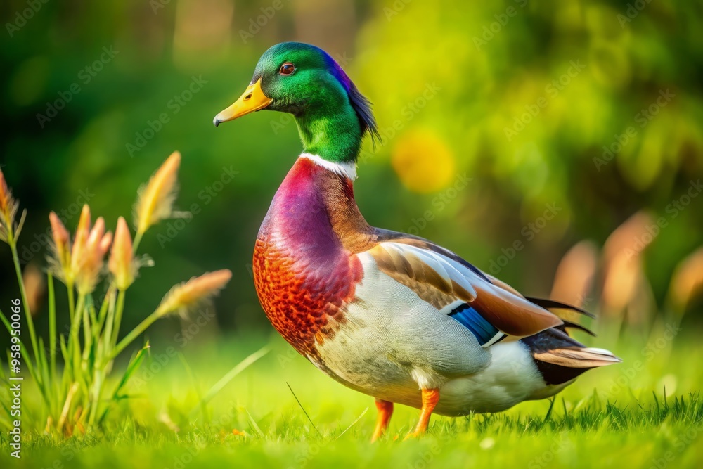A majestic cockduck, a cross between a chicken and a duck, struts confidently in a lush green meadow, A majestic cockduck, a cross between a chicken and a duck, struts confidently in a lush green meadow,