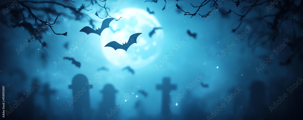 Mysterious night scene featuring bats flying over a graveyard illuminated by a full moon, creating an eerie atmosphere. Mysterious night scene featuring bats flying over a graveyard illuminated by a full moon, creating an eerie atmosphere.