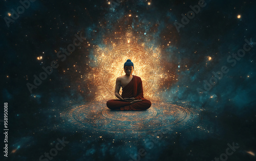 Buddha Meditating in the Center of a Glowing Mandala, Radiating Golden Light and Spiritual Patterns, Mystical and Serene Atmosphere for Meditation, Tranquility, and Spiritual Awakening
 photo