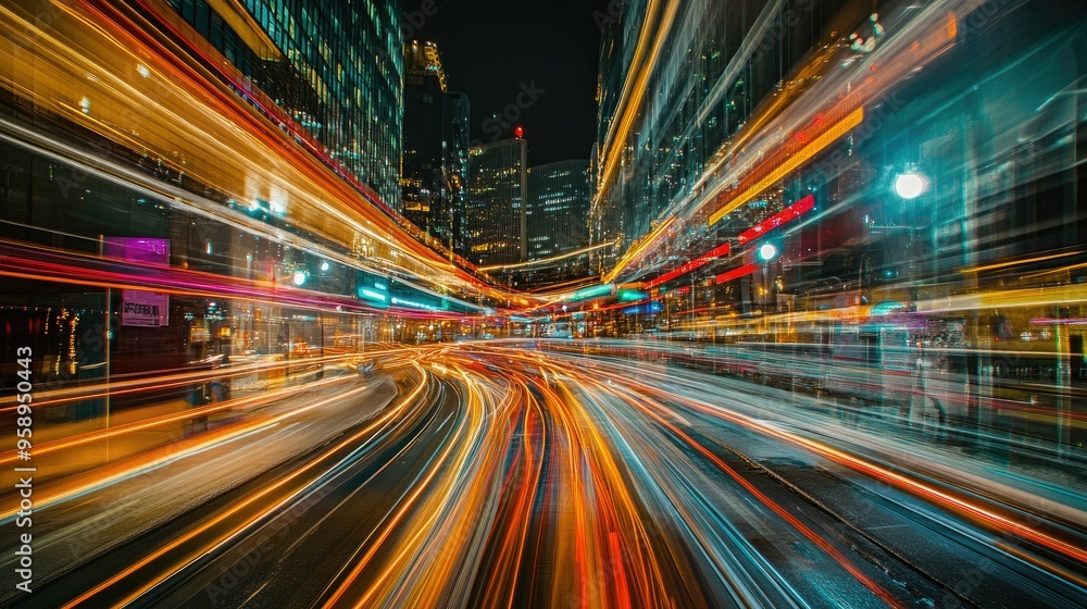 Long exposure of city lights with colorful motion trails, creating an abstract and vibrant representation of modern urban life. Long exposure of city lights with colorful motion trails, creating an abstract and vibrant representation of modern urban life.
