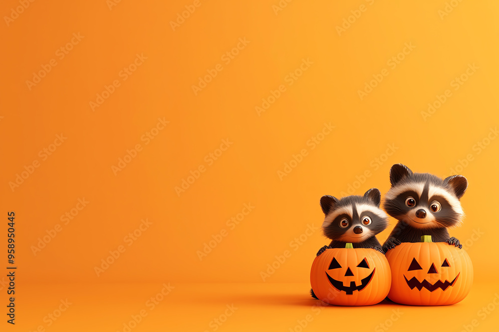 Two cute raccoons peeking out from Halloween pumpkins against a bright orange background, perfect for festive illustrations. Two cute raccoons peeking out from Halloween pumpkins against a bright orange background, perfect for festive illustrations.