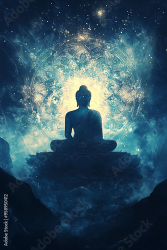 Buddha Meditating in the Center of a Glowing Mandala, Radiating Golden Light and Spiritual Patterns, Mystical and Serene Atmosphere for Meditation, Tranquility, and Spiritual Awakening
 photo