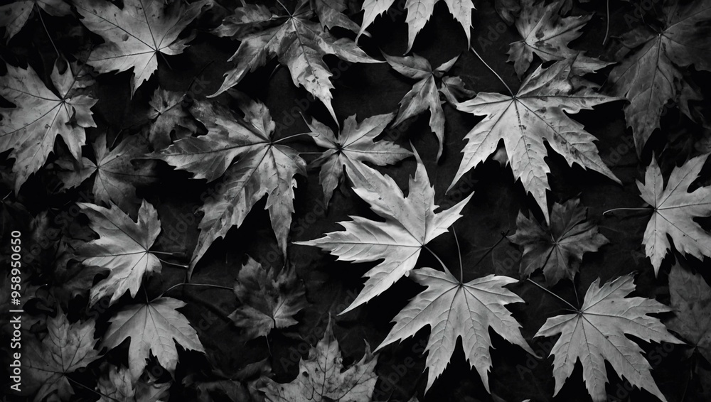 Black and White Maple Leaves on a Textured Fabric Surface Black and White Maple Leaves on a Textured Fabric Surface