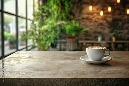 A rustic stone table top with ample copy space, set against a blurred coffee shop interior, perfect for product photography