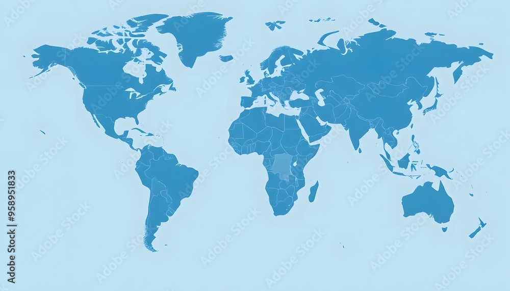 A detailed world map isolated on background and showing the continents and major landmasses in shades of blue A detailed world map isolated on background and showing the continents and major landmasses in shades of blue