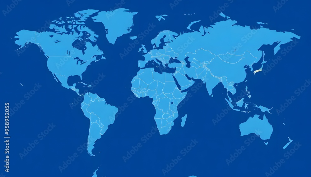 A detailed world map isolated on background and showing the continents and major landmasses in shades of blue A detailed world map isolated on background and showing the continents and major landmasses in shades of blue