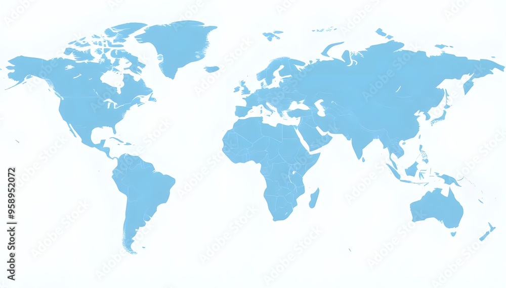 A detailed world map isolated on background and showing the continents and major landmasses in shades of blue A detailed world map isolated on background and showing the continents and major landmasses in shades of blue