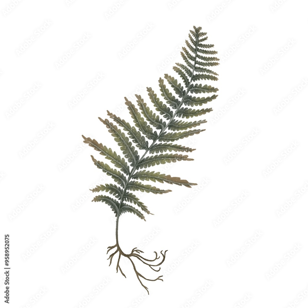 Detailed depiction of a green fern leaf showcasing its intricate fronds and root structure Detailed depiction of a green fern leaf showcasing its intricate fronds and root structure