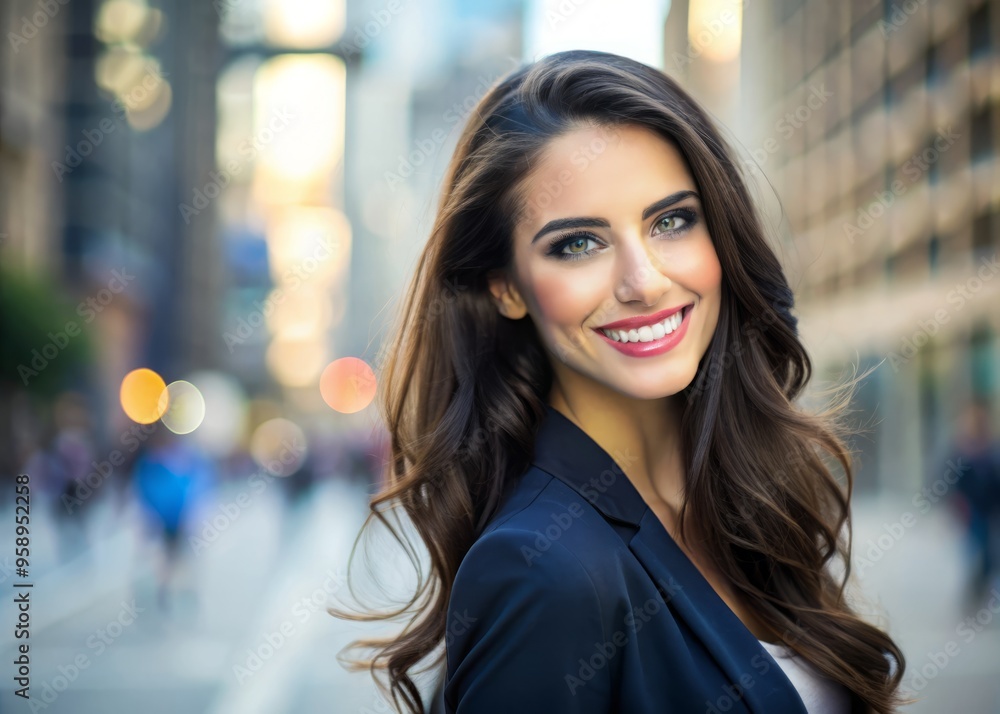 A radiant, dark-haired woman with flawless skin and bright smile poses confidently, showcasing her elegance and A radiant, dark-haired woman with flawless skin and bright smile poses confidently, showcasing her elegance and