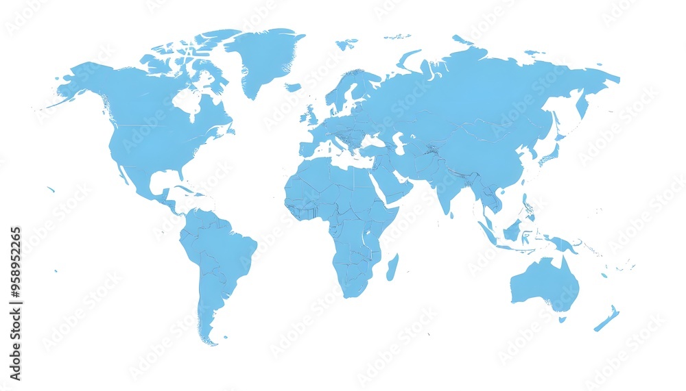 A detailed world map isolated on background and showing the continents and major landmasses in shades of blue A detailed world map isolated on background and showing the continents and major landmasses in shades of blue