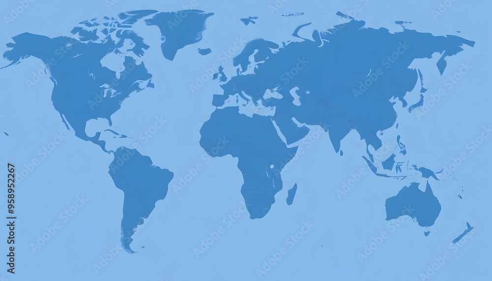 A detailed world map isolated on background and showing the continents and major landmasses in shades of blue A detailed world map isolated on background and showing the continents and major landmasses in shades of blue
