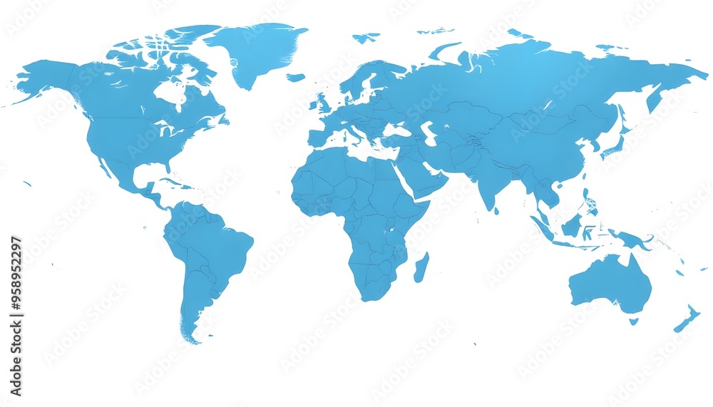 A detailed world map isolated on background and showing the continents and major landmasses in shades of blue A detailed world map isolated on background and showing the continents and major landmasses in shades of blue