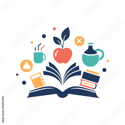  Logo for a bookshop with book and other stuffs vector art illustration photo