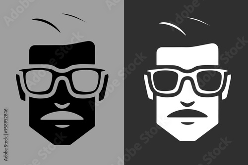 A stylized image of a man with short hair and glasses. Black and white vector guy flat style, icon, logo.