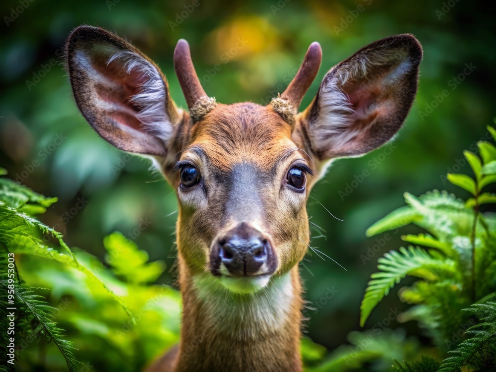 A serene and majestic deer's brown eyes glisten with gentle curiosity, its large pupils and luscious eyelashes framed A serene and majestic deer's brown eyes glisten with gentle curiosity, its large pupils and luscious eyelashes framed