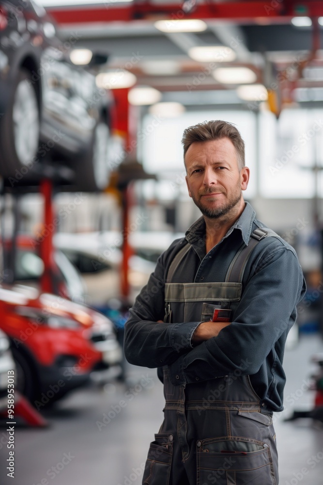 Confident mechanic stands in modern garage amidst vibrant red car and organized tools. Caucasian man wears blue jumpsuit and black shoes, illuminated by natural light through large window. Confident mechanic stands in modern garage amidst vibrant red car and organized tools. Caucasian man wears blue jumpsuit and black shoes, illuminated by natural light through large window.