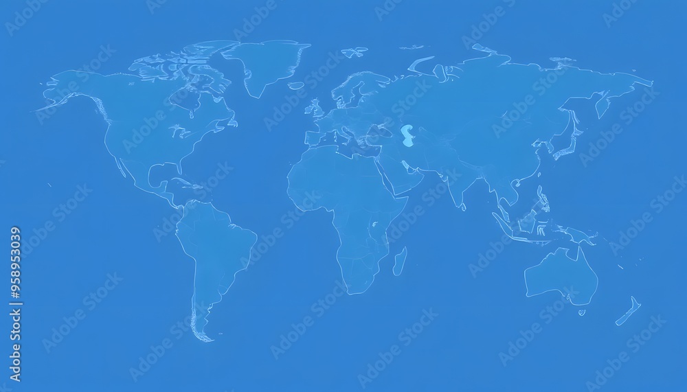 Obraz premium A detailed world map isolated on background and showing the continents and major landmasses in shades of blue