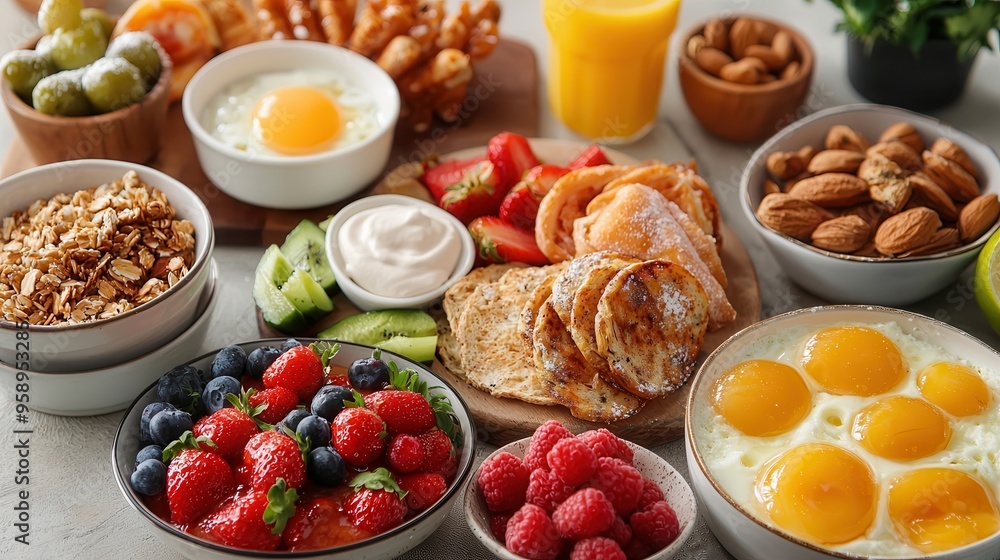 A vibrant breakfast spread featuring fruits, eggs, nuts, and pastries, perfect for a healthy start to the day. A vibrant breakfast spread featuring fruits, eggs, nuts, and pastries, perfect for a healthy start to the day.