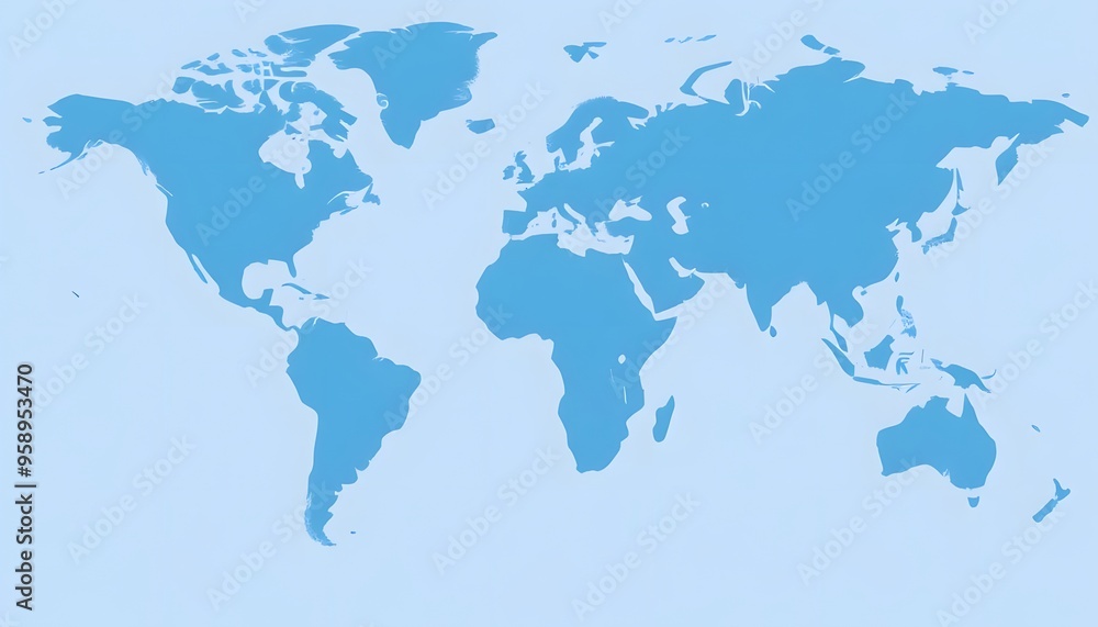 A world map showing the continents and major landmasses in shades of blue A world map showing the continents and major landmasses in shades of blue