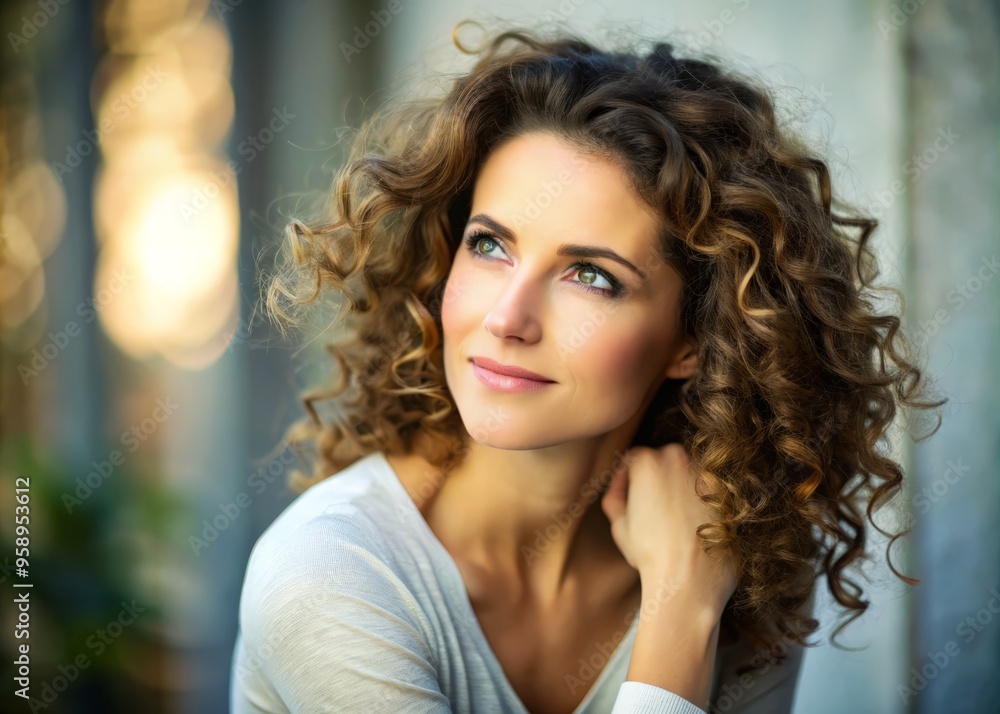 A serene woman with a gentle smile and soft, curly hair gazes thoughtfully to the side, her natural A serene woman with a gentle smile and soft, curly hair gazes thoughtfully to the side, her natural