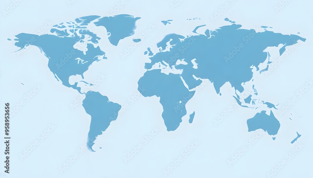 A world map showing the continents and major landmasses in shades of blue A world map showing the continents and major landmasses in shades of blue