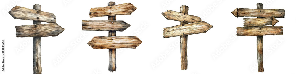 A collection of rustic wooden signs pointing in different directions, symbolizing guidance and choices. A collection of rustic wooden signs pointing in different directions, symbolizing guidance and choices.