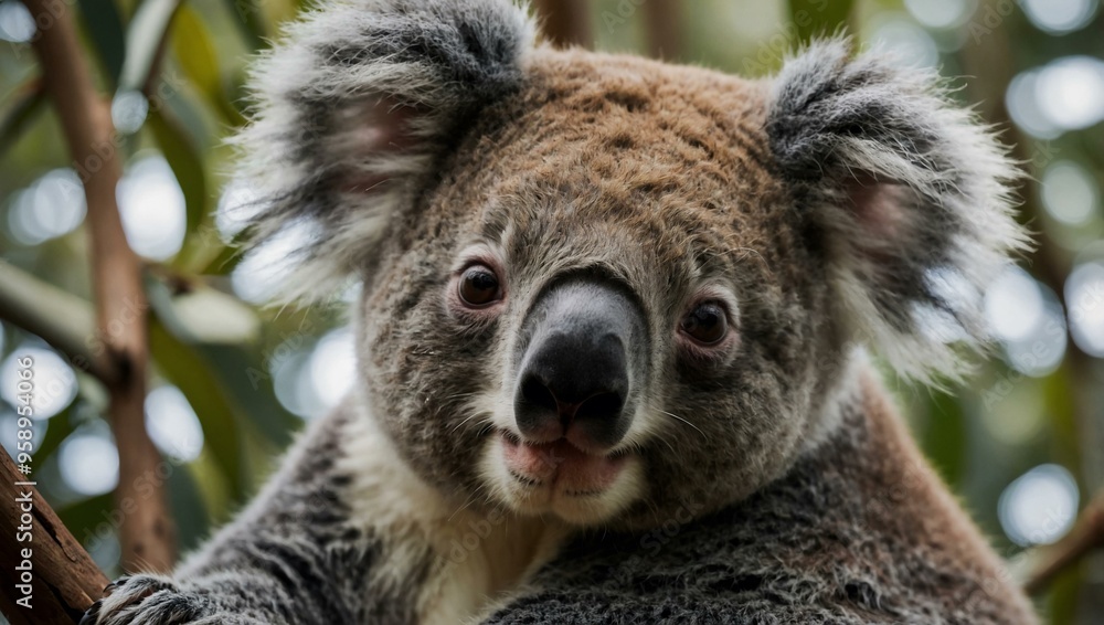 Close-Up of a Koala Resting in a Eucalyptus Tree Close-Up of a Koala Resting in a Eucalyptus Tree