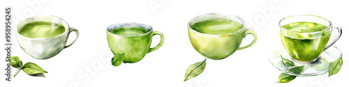 A collection of stylish green tea cups, showcasing different sizes and designs, perfect for tea lovers and culinary art enthusiasts.