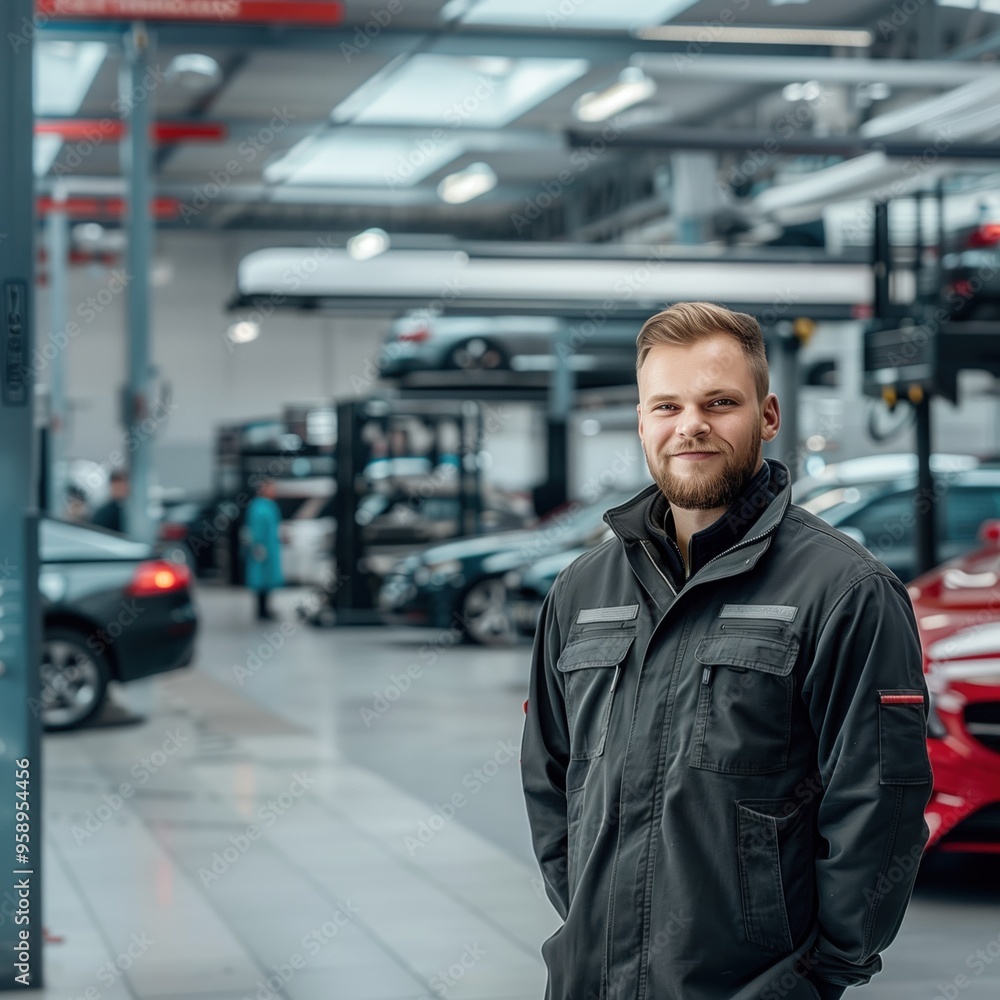Confident Caucasian mechanic in black jacket, blue jeans stands in center of automotive repair shop, surrounded by various car parts, tools. Shop filled with rows of cars under construction waiting Confident Caucasian mechanic in black jacket, blue jeans stands in center of automotive repair shop, surrounded by various car parts, tools. Shop filled with rows of cars under construction waiting