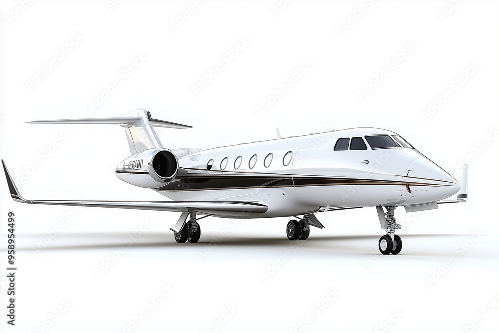 Private jet isolated on white background, Small airplane with jet engine, Luxury aircraft with shadow on the floor.
