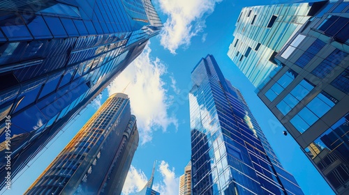 Wallpaper Mural Looking up at a row of modern skyscrapers against a bright blue sky. Torontodigital.ca