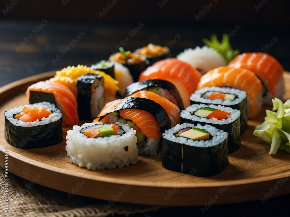 Close-up of sushi displayed on a wooden plate, set against a burlap texture with space for additional text. Close-up of sushi displayed on a wooden plate, set against a burlap texture with space for additional text.