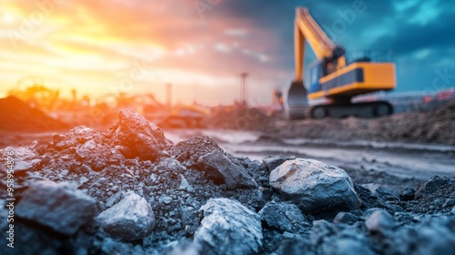 A construction site at sunset with heavy machinery and rocky terrain. photo