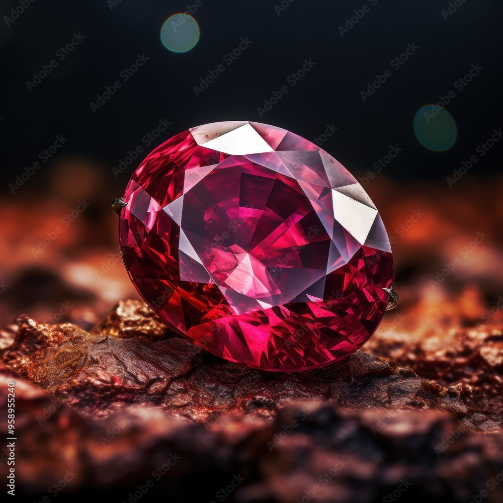 A bright red ruby is beautifully positioned on top of a rock A bright red ruby is beautifully positioned on top of a rock