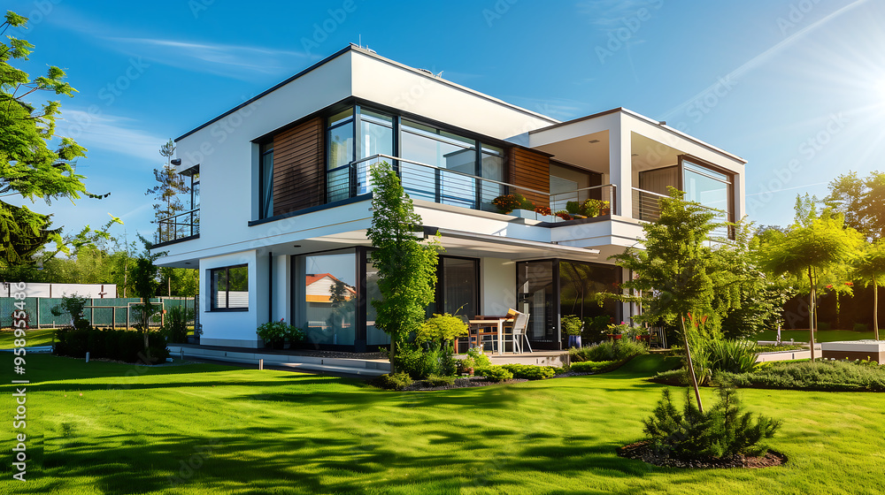 A modern white house with large windows and a lovely garden. Day sun . Generative AI A modern white house with large windows and a lovely garden. Day sun . Generative AI