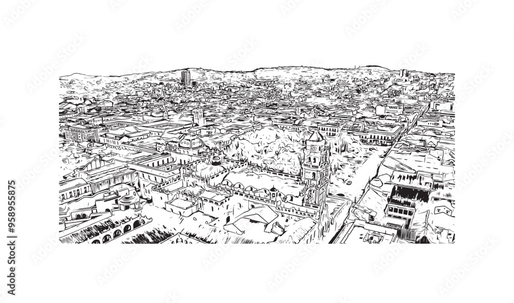 Building view with landmark of Sucre is the capital city in Bolivia. Hand drawn sketch illustration in vector. Building view with landmark of Sucre is the capital city in Bolivia. Hand drawn sketch illustration in vector.