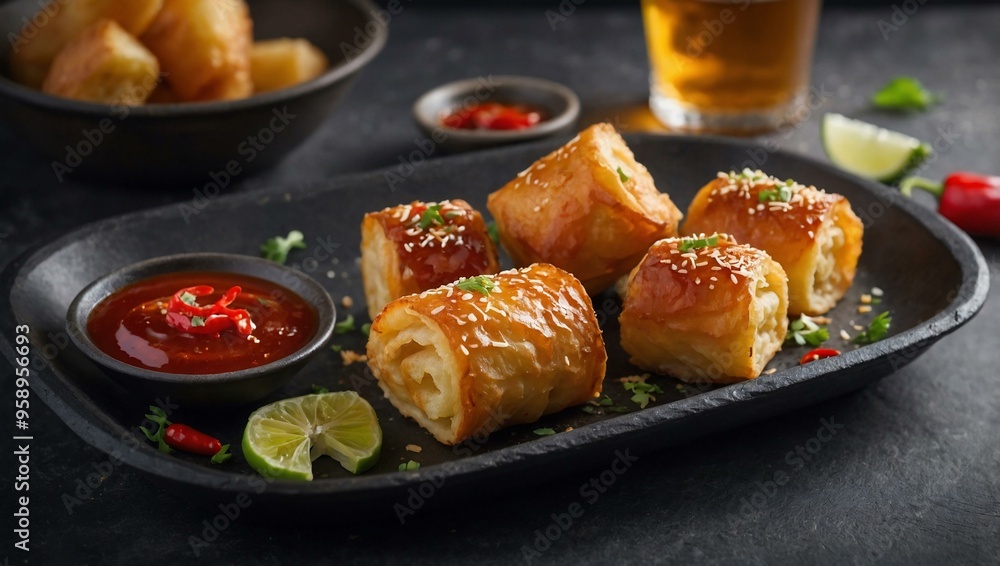 Crispy potato rolls with chili honey, with room for text or design. Crispy potato rolls with chili honey, with room for text or design.