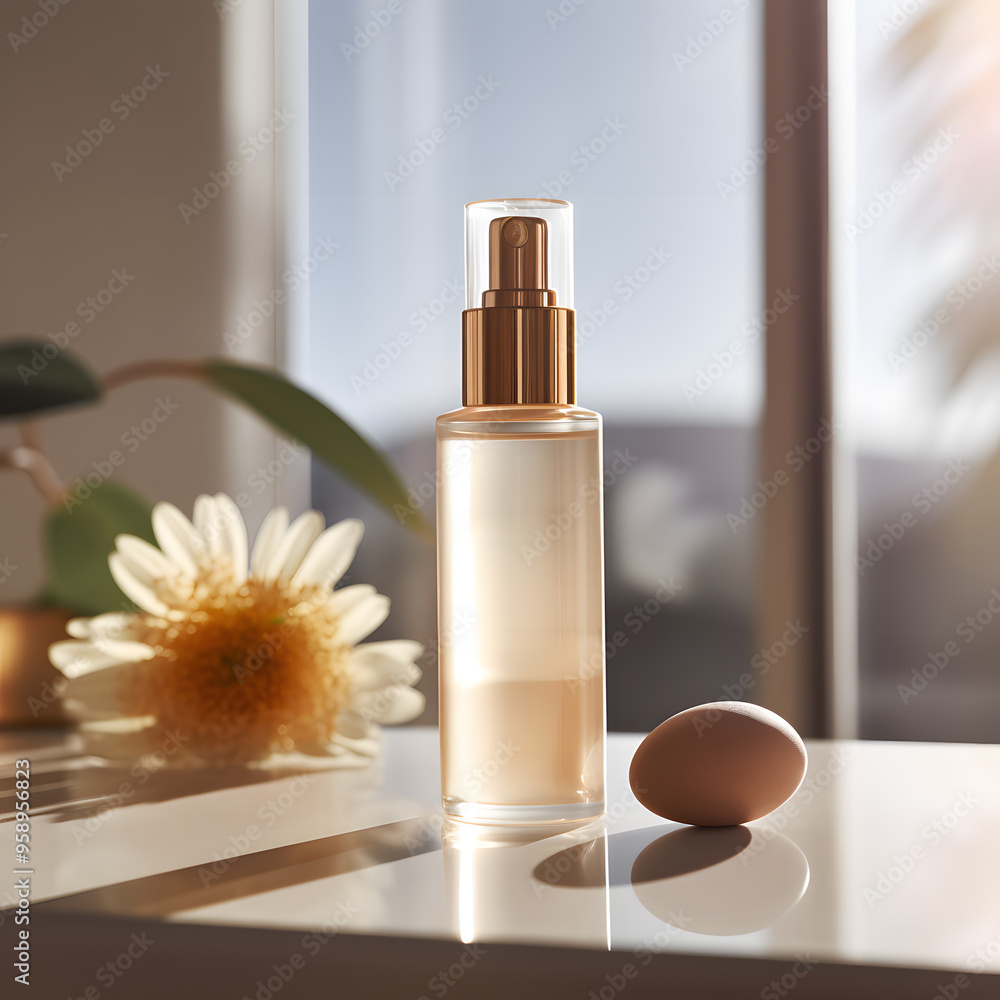 Minimal clear, translucent cosmetic product with flowers put on a table. Perfume, make up, serum, cosmetic product mockup with a sunny, sunset window back drop. Generative AI Minimal clear, translucent cosmetic product with flowers put on a table. Perfume, make up, serum, cosmetic product mockup with a sunny, sunset window back drop. Generative AI