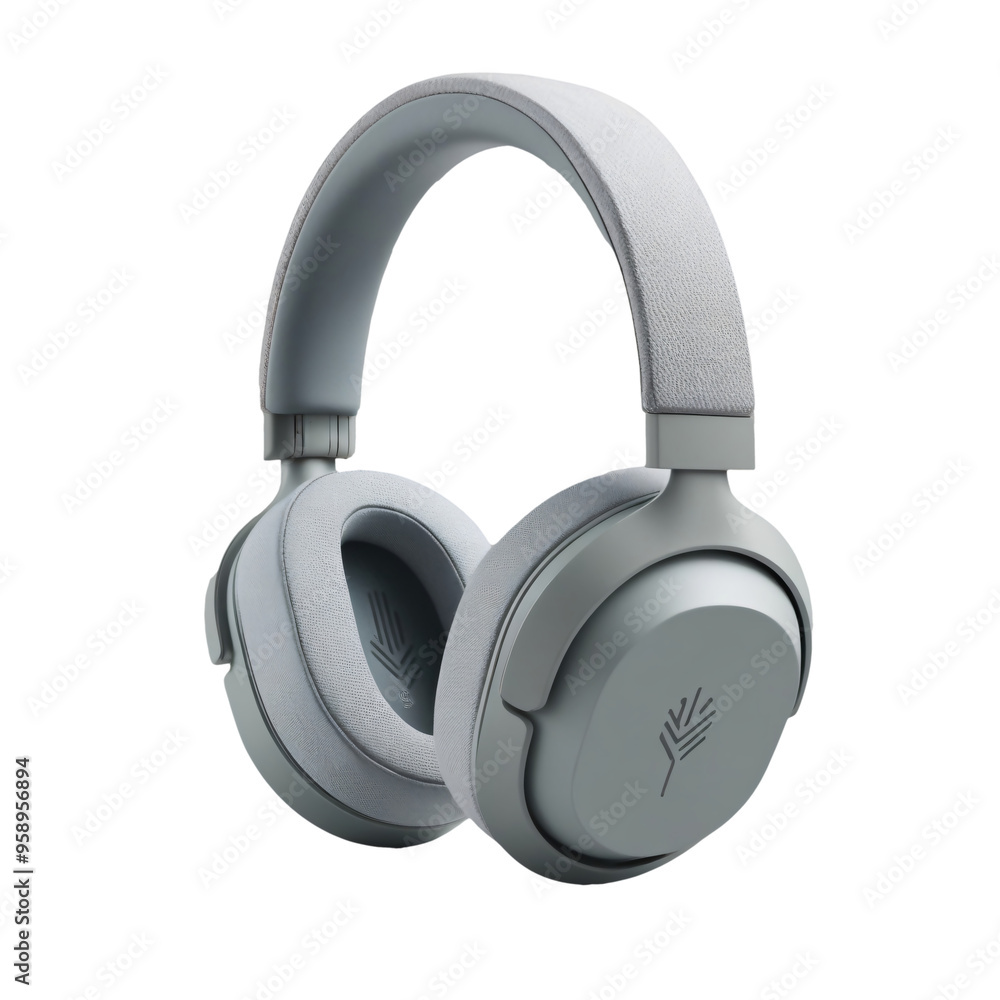 Pair of over-ear headphones in light gray with matte finish, cushioned fabric-like material, oval ear cups with abstract logo, and control buttons, functional and stylish design, generative ai Pair of over-ear headphones in light gray with matte finish, cushioned fabric-like material, oval ear cups with abstract logo, and control buttons, functional and stylish design, generative ai