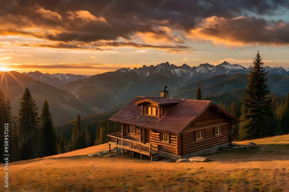 A wooden mountain cabin perched on a hillside, with a panoramic view of a sunset Generative by Ai A wooden mountain cabin perched on a hillside, with a panoramic view of a sunset Generative by Ai