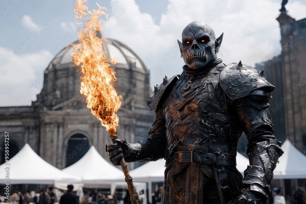 A menacing, armored demon with glowing eyes and a burning torch stands intimidatingly at an outdoor festival. A menacing, armored demon with glowing eyes and a burning torch stands intimidatingly at an outdoor festival.