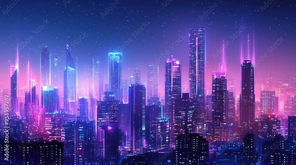 Fototapeta premium Modern urban skyline with neon lights and digital effects, showcasing a panoramic, high-tech cityscape for futuristic technology and science concepts.