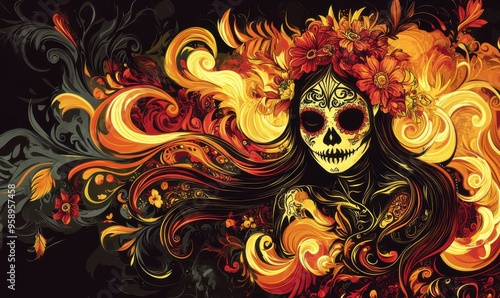 A vibrant Day of the Dead skull illustration surrounded by swirling fiery patterns.