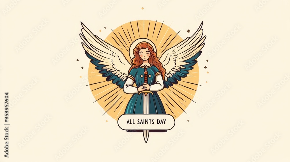 An artistic illustration of an angel holding a sword, symbolizing protection and honor in celebration of All Saints’ Day. An artistic illustration of an angel holding a sword, symbolizing protection and honor in celebration of All Saints’ Day.