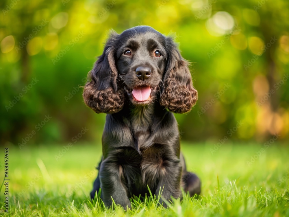 Adorable black English cocker spaniel puppy sits on a lush green meadow, ears flapping, tail wagging, eyes sparkling Adorable black English cocker spaniel puppy sits on a lush green meadow, ears flapping, tail wagging, eyes sparkling