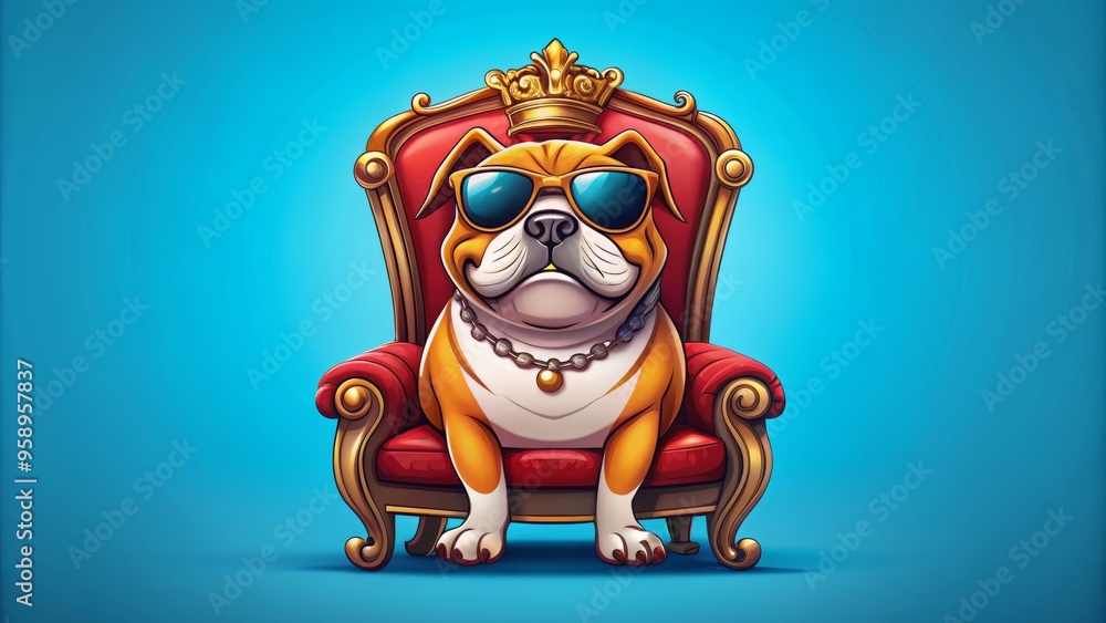 Adorable cartoon bulldog mascot wearing sunglasses and a smile, sitting on a throne, symbolizing strength, confidence, Adorable cartoon bulldog mascot wearing sunglasses and a smile, sitting on a throne, symbolizing strength, confidence,