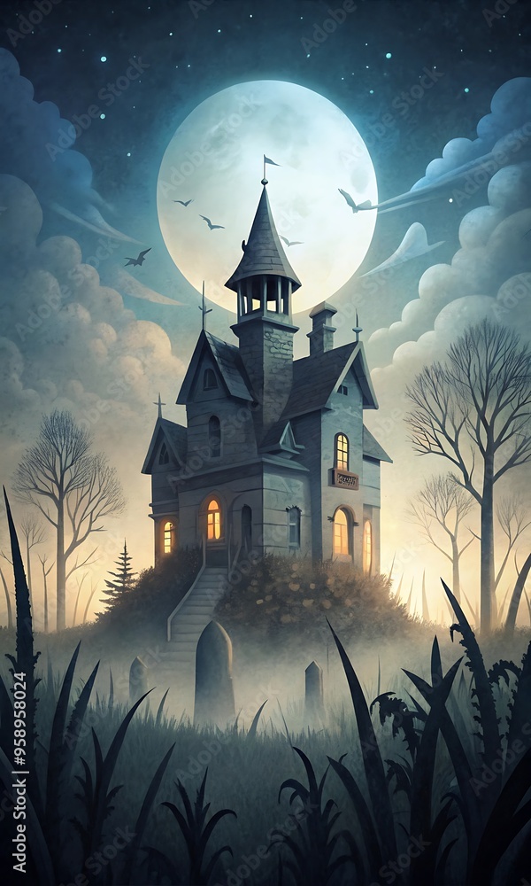 Fototapeta premium A grainy, faded illustration of a haunted mansion with broken windows, surrounded by overgrown plants and a full moon in the background. 